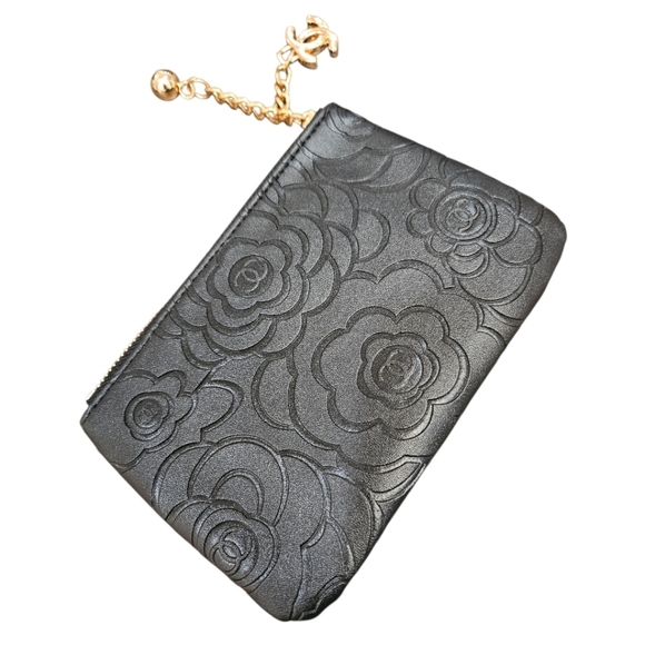 Black PVC Embossed Floral Zipper Pouch + Bag - Picture 4 of 12